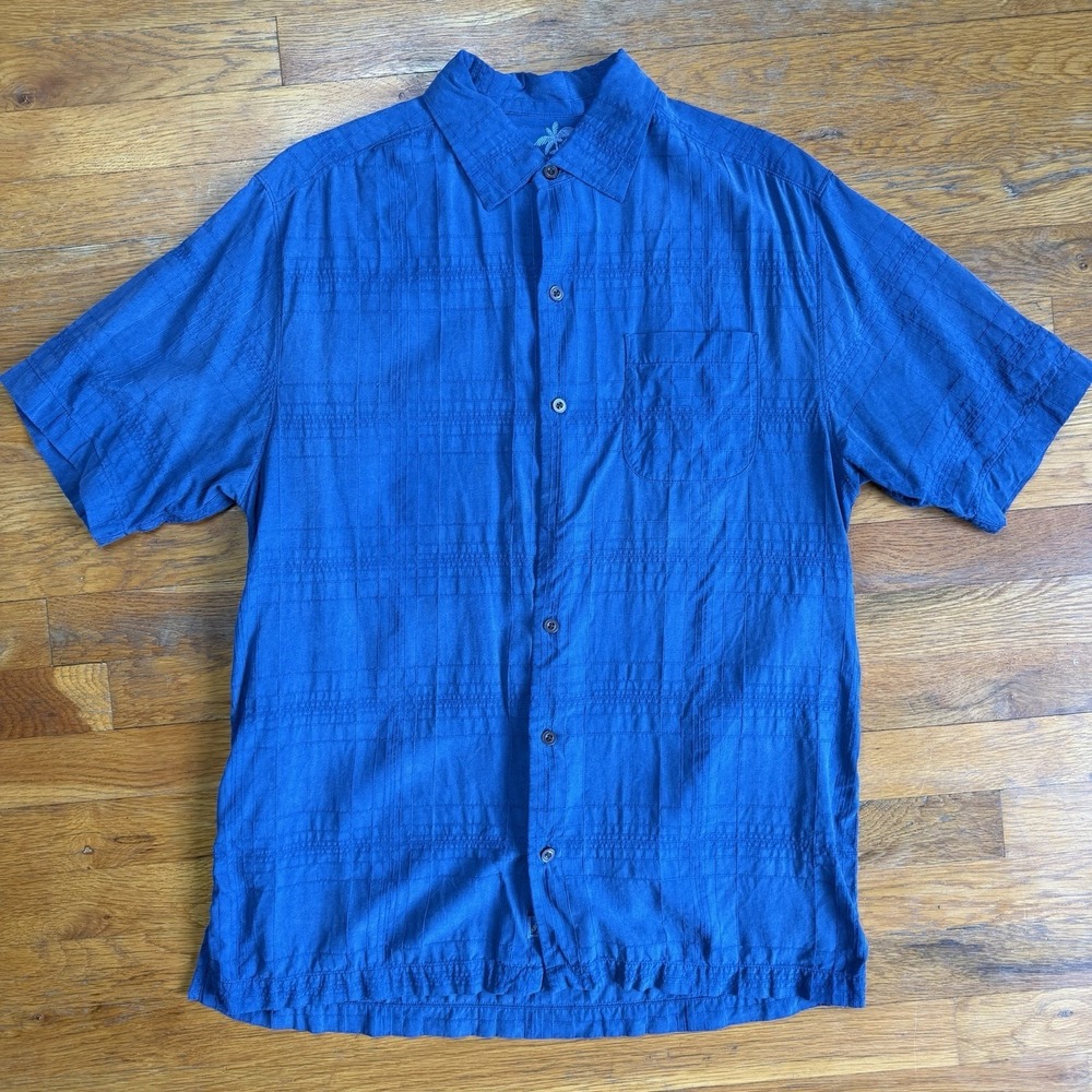 Tommy Bahama Men Silk Button Up‎ Shirt Sz M Navy Blue Casual Embroidered
